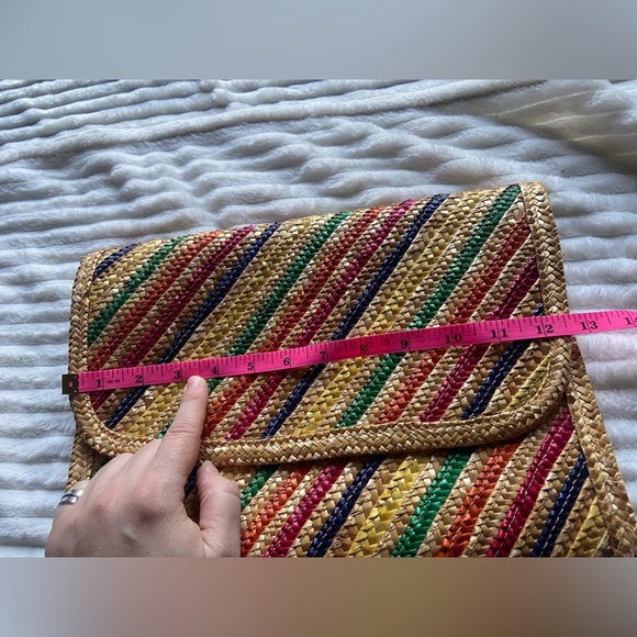 Woven Straw/Jute Multicolored Stripped Bi-Fold Clutch Bag Hong Kong Vintage boho - Picture 6 of 7